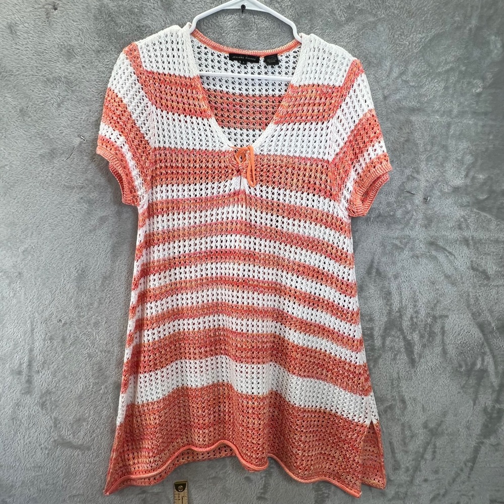 Jeanne Pierre Womens Orange White Striped Crochet Knit V-Neck Tunic Sweater L